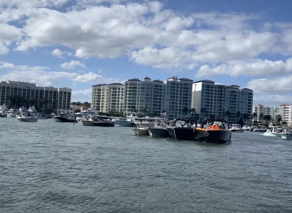 Boats anchored at Lake Boca sandbar — Fort Lauderdale sandbar day charter